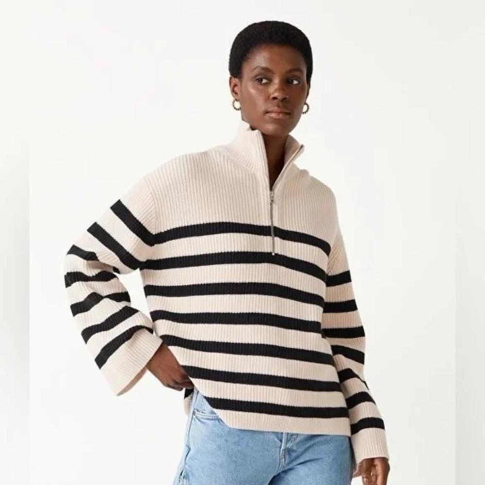 & Other Stories Half Zip Striped Sweater Wool Blend Black Cream Pullover Ribbed